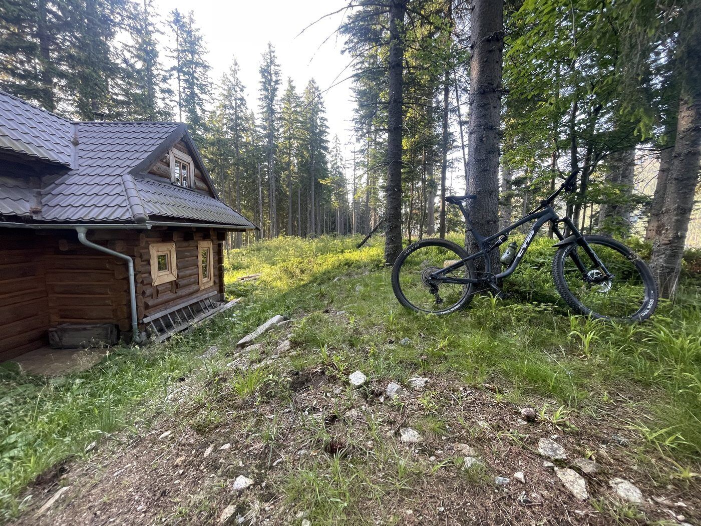Horský bicykel pri drevenej chate v lese